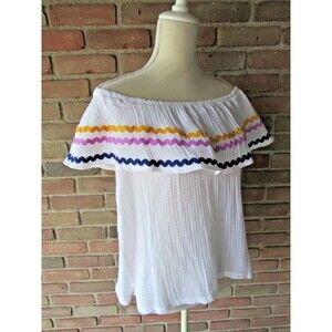 Off the Shoulder Top Womens L White Gibson x Hi Sugarplum! Santa Fe Rickrack